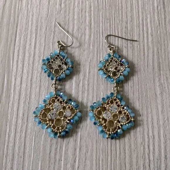 Beautiful Blue Beaded Gold & Silver Hanging Earrings - Picture 2 of 2